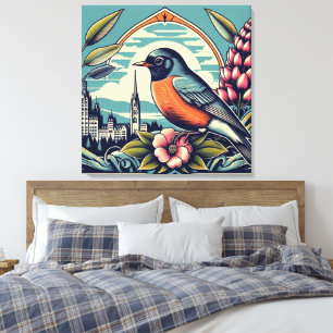 Impressão Em Tela Connecticut American Robin and State Flower Art