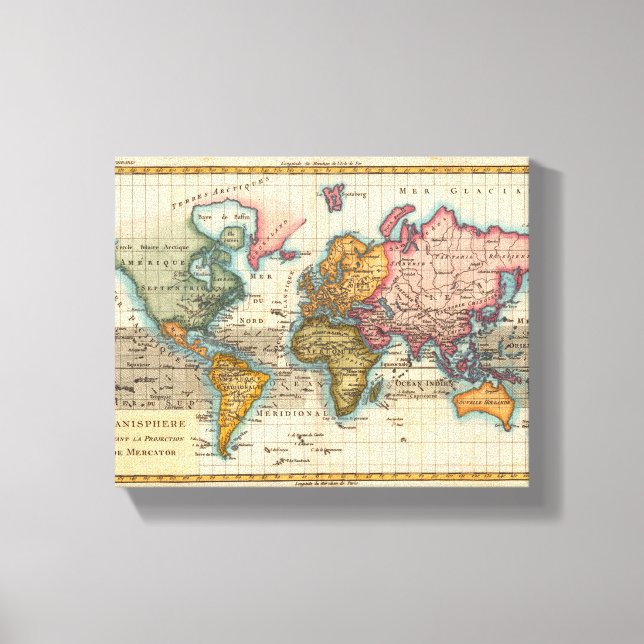 Impressão Em Tela Continentes Antigos do Mapa Mundial dos Anos 1700 (Frente)