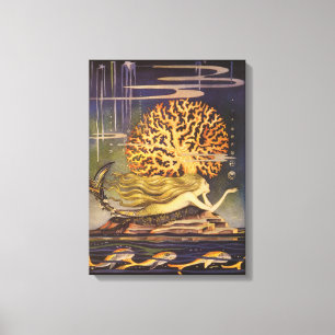 Impressão Em Tela Conto de fadas do vintage, sereia pequena no coral