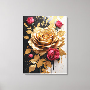 Impressão Em Tela Contraste Elegante: Rosas Douradas e Rosa