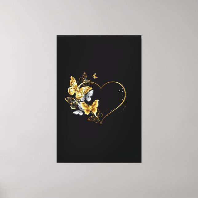Impressão Em Tela Coração com Borboletas Ouros (Frente)