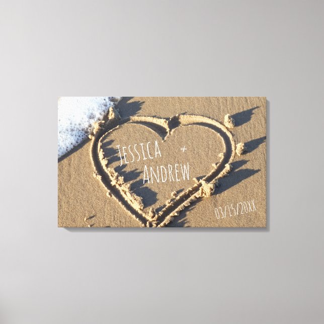 Impressão Em Tela Coração com Nomes Personalizados na Areia da Praia (Frente)