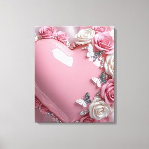 Impressão Em Tela Coração Cor-de-Rosa Brilhante com Borboletas Rosas