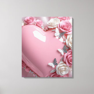 Impressão Em Tela Coração Cor-de-Rosa Brilhante com Borboletas Rosas
