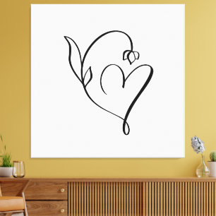 Impressão Em Tela Coração Floral - Arte de Linha Minimalista