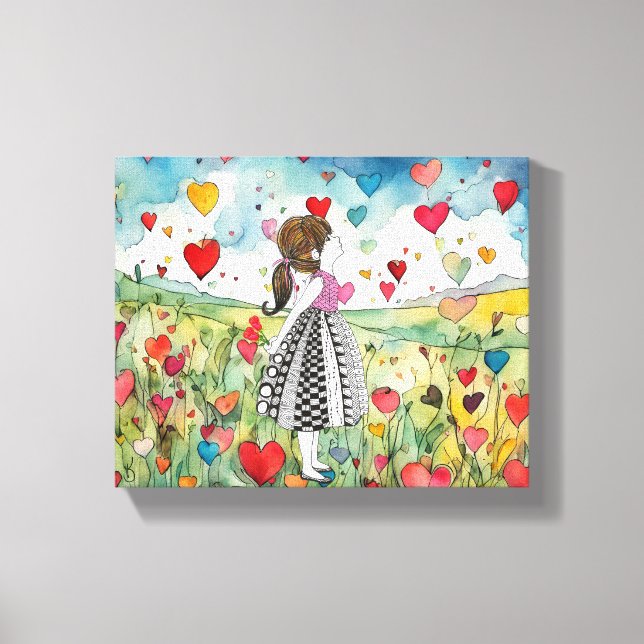Impressão Em Tela Corações de Aquarela e Menina (Frente)