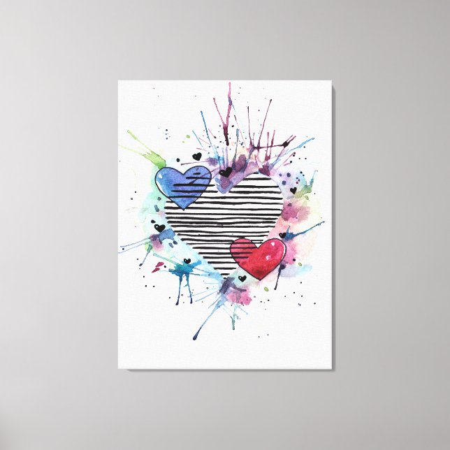 Impressão Em Tela Corações E Lavações Em Aquarela (Frente)