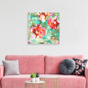 Impressão Em Tela Coral Floral Azul Turquesa - Travesseiro Boho Vint