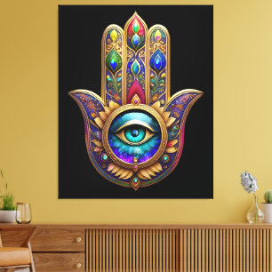 Impressão Em Tela Cores de Pavão Dourado Hamsa Safira Terceiro Olho 