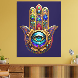 Impressão Em Tela Cores de Pavão Dourado Hamsa Verde Safira Terceiro