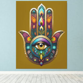 Impressão Em Tela Cores de Pavão Hamsa w/ Terceiro Olho Dourado