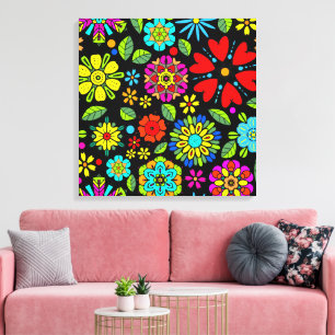 Impressão Em Tela Cores Neon Em Preto Padrão Floral Retro Sem Costur
