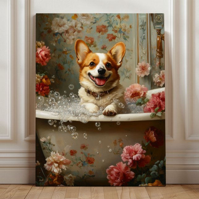 Impressão Em Tela Corgi Bubble Bath Joy (Corgi Bubble Bath Joy – Whimsical Floral Dog Bathroom Art by Nicole Cossairt)