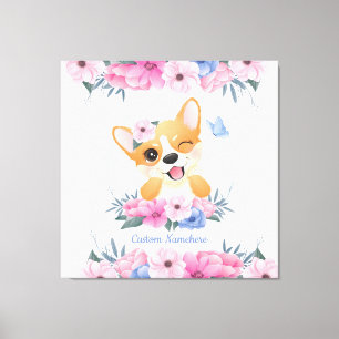 Impressão Em Tela Corgi Cachorro Cachorro Flor Vermelhidão Borboleta