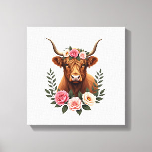 Impressão Em Tela Coroa Floral Vintage Vaca das Terras Altas Boho Fa