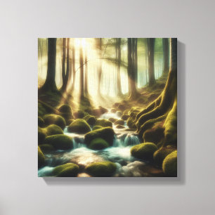 Impressão Em Tela Córrego Tranquilo da Floresta com Luz Vintage – Te