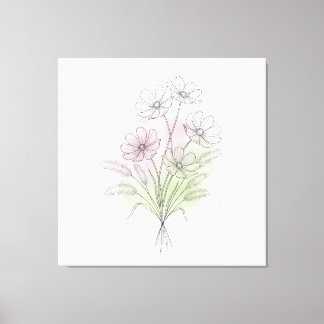 Impressão Em Tela Cosmos Linha Arte Flor Silvestre Bege Minimalista