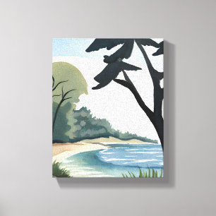 Impressão Em Tela Costa à Beira do Lago   Pintura de Paisagem em Aqu