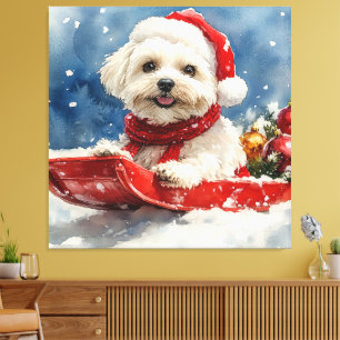 Impressão Em Tela Coton De Tulear no Trenó Deixe Nevar Natal