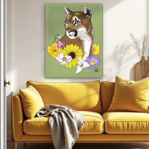 Impressão Em Tela Cougar Mountain Lion Puma Flores