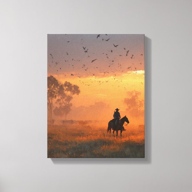 Impressão Em Tela Cowboy Riding Into Fiery Sunset Art (Frente)