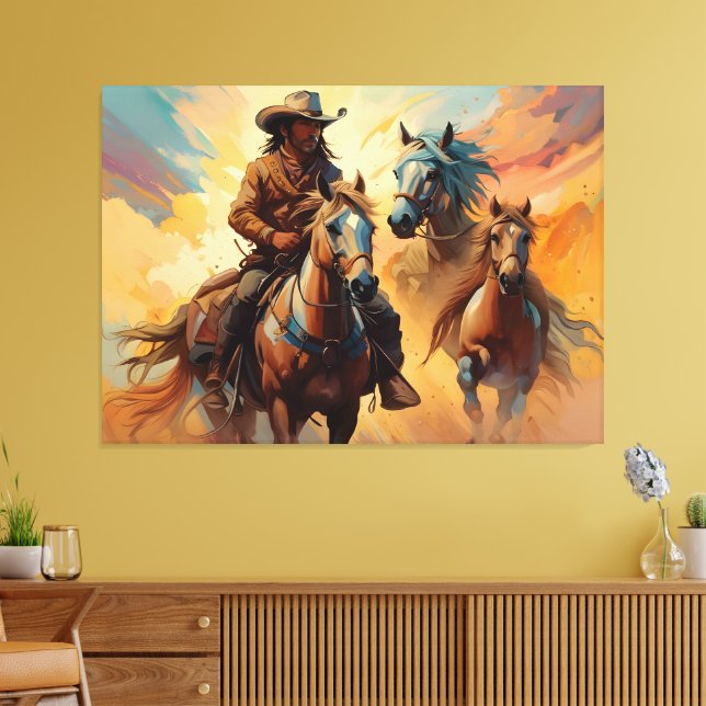 Impressão Em Tela Cowboy Western Horses, Colônia de bronzeamento azu (Insitu(Sala de estar))