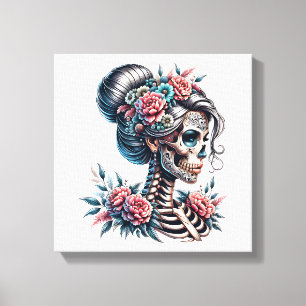Impressão Em Tela Cranio de Mulher Dia De Los Muertos Esqueleto