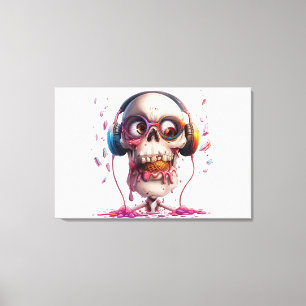 Impressão Em Tela 💀🍦 Crânio Divertido com Fones de Ouvido Impressã