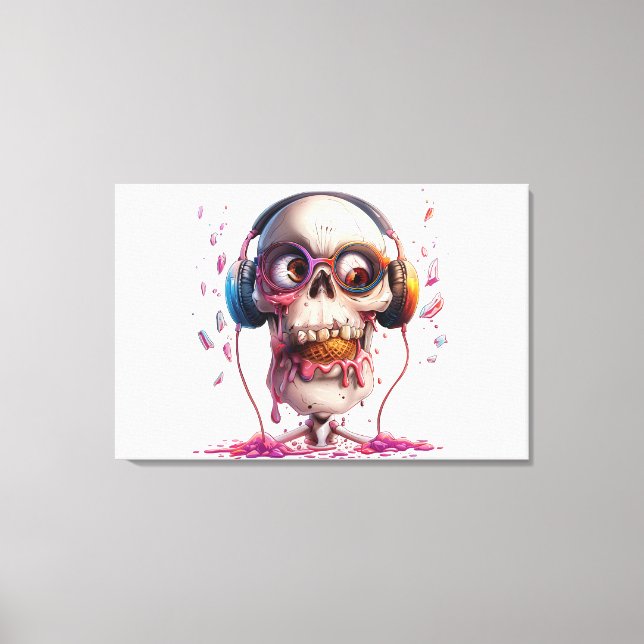 Impressão Em Tela 💀🍦 Crânio Divertido com Fones de Ouvido Impressã (Frente)