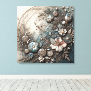 Impressão Em Tela Creme Teal Floral Botânico Escultural 3D