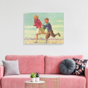 Impressão Em Tela Crianças Antigas Correndo para a Escola Carregando