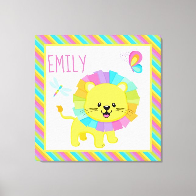 Impressão Em Tela Crianças Bonitas Arco-Íris Leão no Padrão de Strip (Frente)