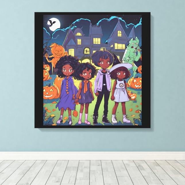 Impressão Em Tela Crianças Negras Tropeçam Em Um Halloween De Cidade (Insitu(piso de madeira))