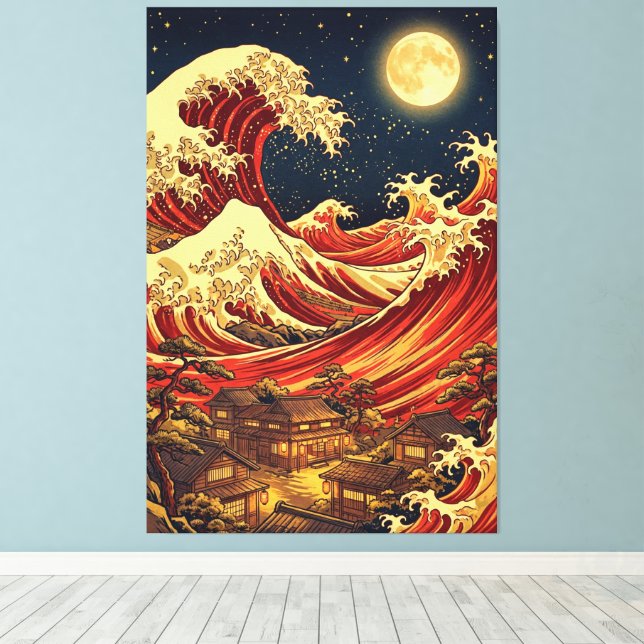 Impressão Em Tela Crimson Moon Over Japanese Coast – Ukiyo-e Style (Insitu(piso de madeira))