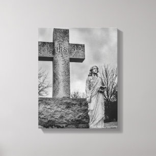 Impressão Em Tela Crucifixo e anjo em preto e branco