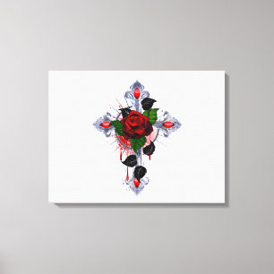 Impressão Em Tela Cruz de Prata com Rosa vermelha