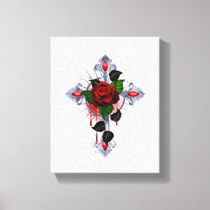 Impressão Em Tela Cruz de Prata com Rosa vermelha