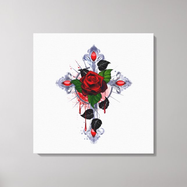 Impressão Em Tela Cruz de Prata com Rosa vermelha (Frente)