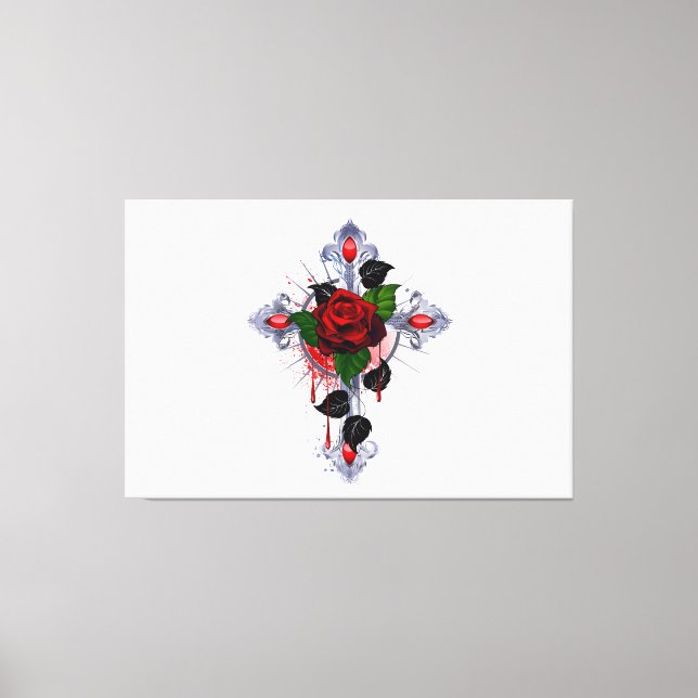 Impressão Em Tela Cruz de Prata com Rosa vermelha (Frente)