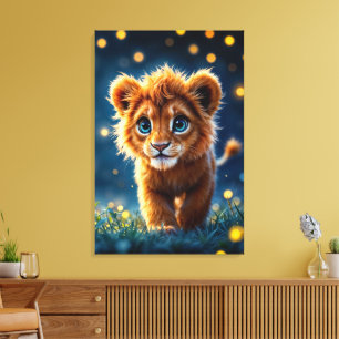 Impressão Em Tela Cubo de leão de olhos azuis encantado no brilho do