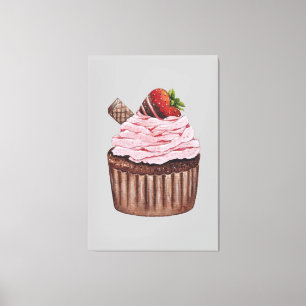 Impressão Em Tela Cupcake De Morango Cujo Cama É Em Aquarela