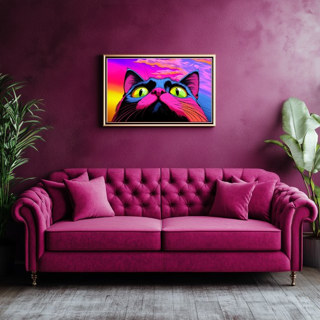 Impressão Em Tela Curiosidade Galáctica: Uma Gaze Cósmica de Um Gato (Ginormous Cat Looking Up - Psychedelic Art)