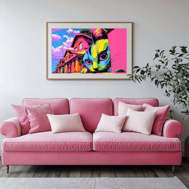 Impressão Em Tela Curioso Colosso: O Gato Gigante na Vizinhança (Ginormous Cat Hiding - Psychedelic Art)