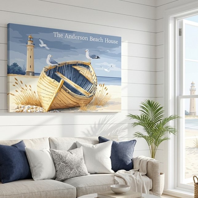 Impressão Em Tela Custom Lighthouse Rowboat Coastal Beach House (Summer beach house wrapped canvas featuring a boat on a beach with lighthouse and seagulls)