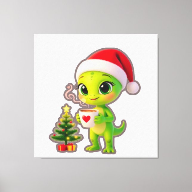Impressão Em Tela **Cute 3D Green Alien in Santa Hat with Hot Chocol (Frente)