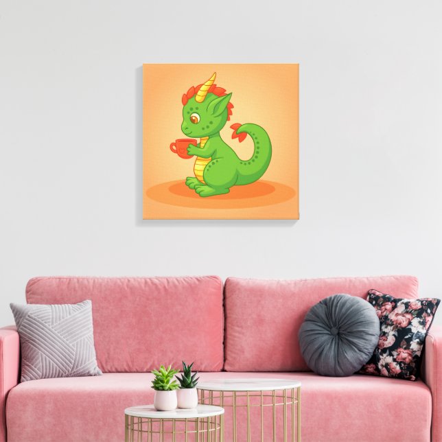 Impressão Em Tela Cute Baby Dragon Holding Cup on Orange (Insitu(Sala de estar))