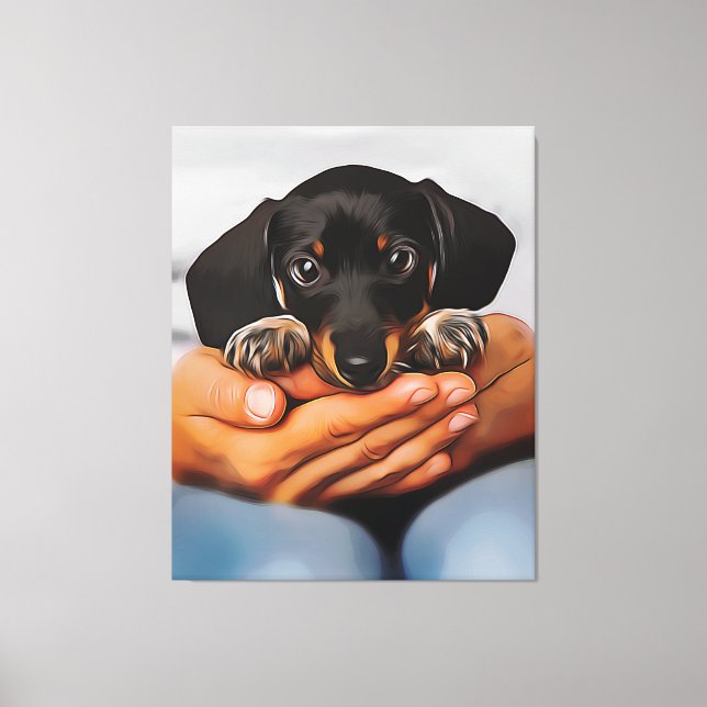Impressão Em Tela Cute Dachshund Puppy Lying On Human Knees Xmas Pos (Frente)