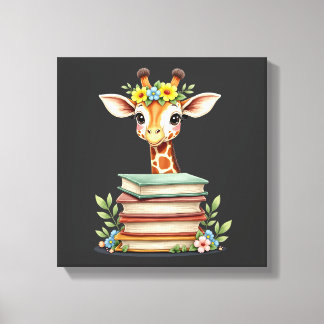 Impressão Em Tela Cute Giraffe With Book Floral Bookworm Librarian B