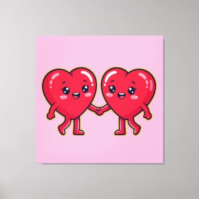 Impressão Em Tela Cute Heart Characters Holding Hands (Frente)