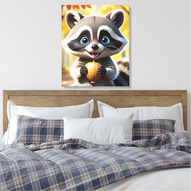 Impressão Em Tela Cute Kawaii style Racoon segurando uma bolota (Insitu(Quarto))